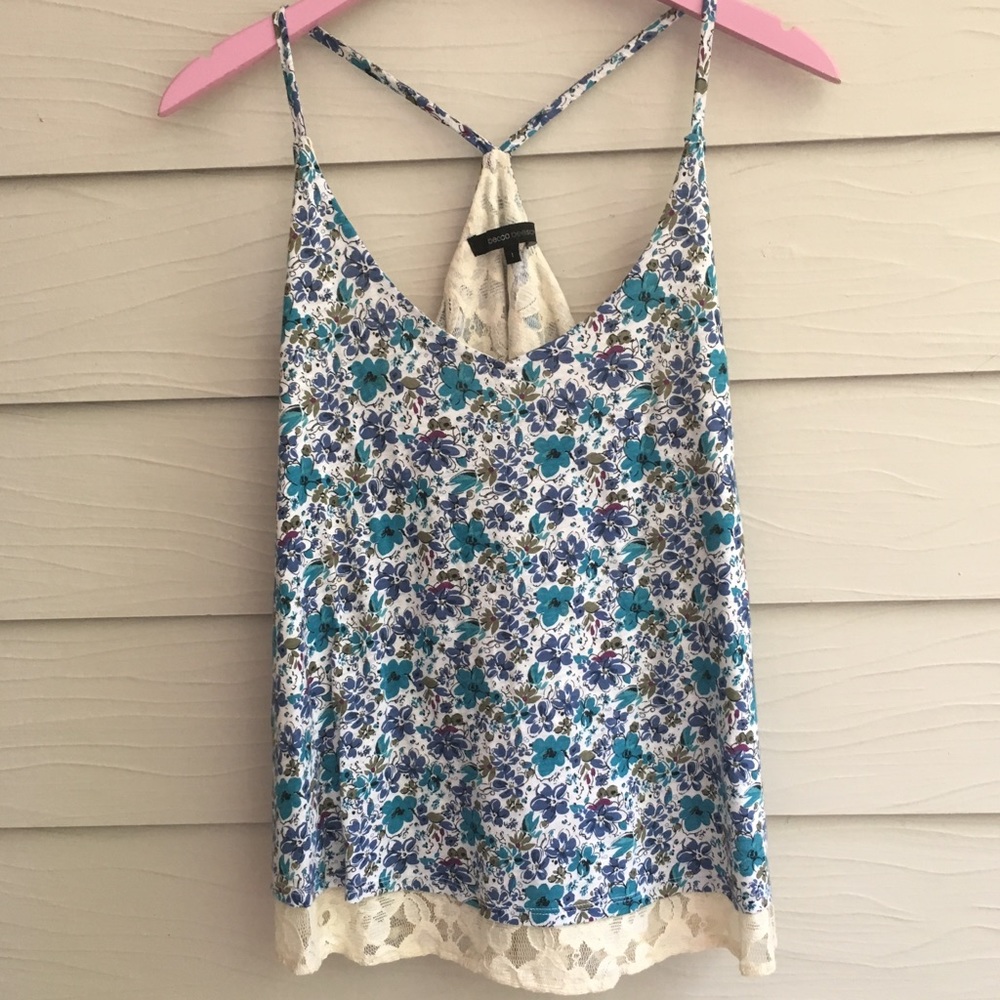 Blue Floral Racerback Lace Summer Tank